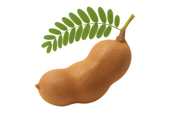 Whole tamarind pod with green leaf isolated on transparent background