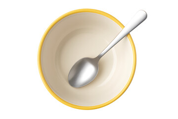 Yellow Rimmed Bowl with Spoon Isolated on Transparent Background