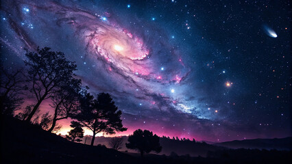Naklejka premium Majestic spiral galaxy with stars and trees under a twilight sky night sky cosmos 1