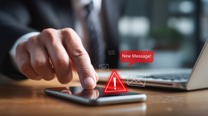 A businessman using a smartphone to receive email warning alerts about spam, junk and trash mail, hacker and virus. Concepts of network security