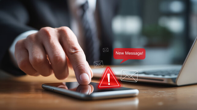 A businessman using a smartphone to receive email warning alerts about spam, junk and trash mail, hacker and virus. Concepts of network security