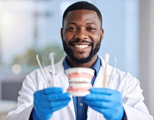 Dentist holding dental tools and model