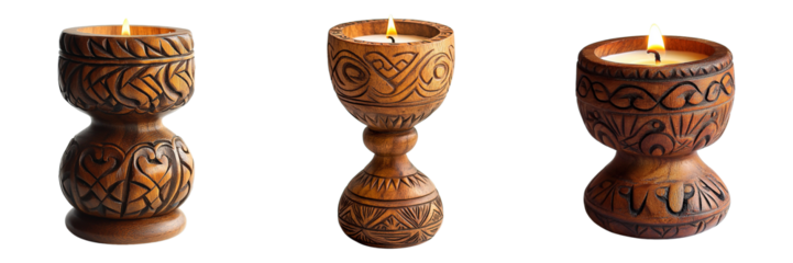 Hand-Carved Wooden Candle Holders with Intricate Tribal Patterns and Lit Candles on Transparent Background