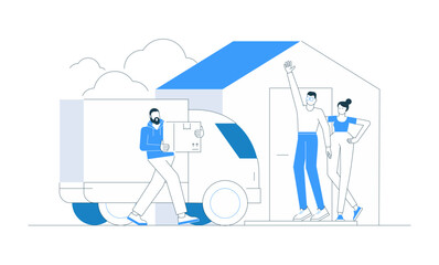 Vector illustration of a courier delivering a package from a truck to a couple waiting at their home door. Concept of delivery service, shipment, customer, and fast transport. Modern logistic