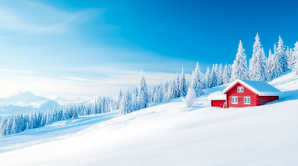 Picturesque winter wonderland with a vibrant red wooden cabin nestled in a snowy mountain landscape, framed by frosted pine trees under a clear blue sky, suitable for festive season cards.