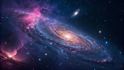 Obraz premium Swirling spiral galaxy with vibrant pink and blue nebulae and countless stars in deep space
