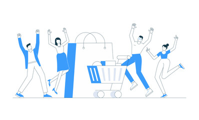 Vector illustration of happy people celebrating a shopping sale and discount near a cart and bag. Includes character, shop, winner, customer, purchase, offer concept in modern marketing and business.