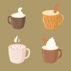Flat autumn coffee drinks set cappuccino, pumpkin spice latte, macchiato, cozy mugs with cinnamon sticks, clean flat vector style