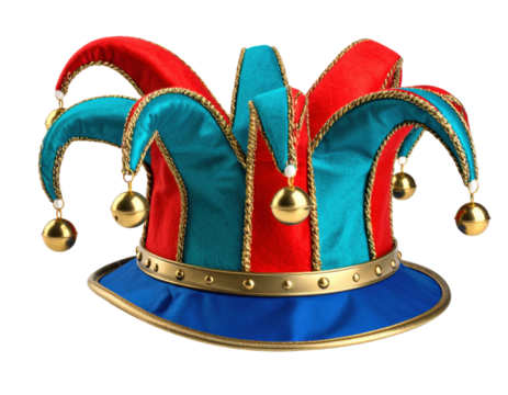 Colorful Jester Hat with Curved Points and Bell Tips Isolated on White Background
