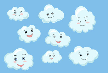 Set of cute cartoon clouds with smiling faces on a baby blue background, flat vector illustration, soft pastel colors, kawaii style, for kids products or nursery wall art - adorable clouds, children's