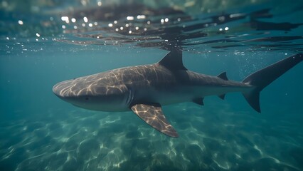 Graceful shark swims in clear turquoise water, sunlight dances on its skin