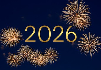 Golden 2026 numbers with fireworks in the night sky