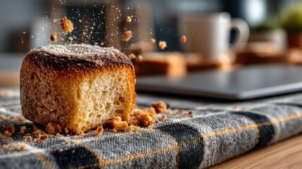 Crumbs fly from bitten cake on plaid, laptop blurred