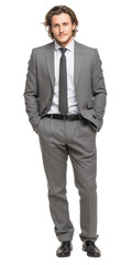 Confident businessman walking with strong presence, dressed in sleek formal attire, exuding success and professionalism. Clean white background
