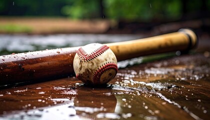 Baseball bat and ball in the rain