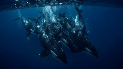 Pod of Orcas Swimming Together in Deep Blue Ocean Waters, Underwater View