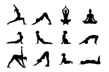 Silhouettes of people performing various yoga poses stretching flexibility