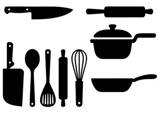 Chef kitchen utensils cooking tools knife spoon pot pan whisk vector design