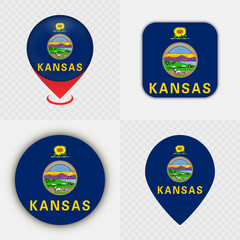 Set of Kansas State Flag Icons and Map Pins.