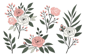 Elegant digital illustration of floral arrangements featuring various blooming flowers and greenery—ideal for wedding invites, decor, branding, and stationery.