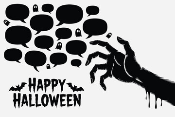 Spooky Halloween Design Zombie Hand, Speech Bubbles, and Cute Ghosts in Black and White