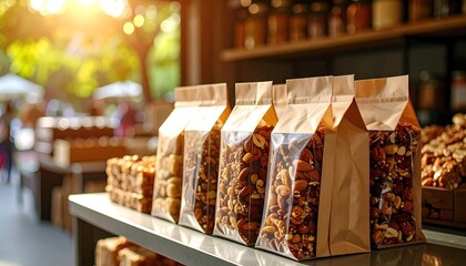 Nuts in brown bags on a shelf
