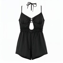 Elegant black romper featuring a delicate lace-up design and halter necktie on white background