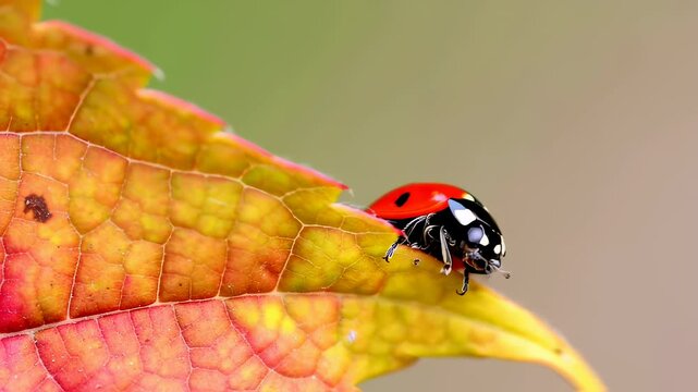 Tiny ladybug walking autumn leaf edge, vibrant red background highlighting delicate insect movement in sharp macro close up view