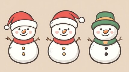 Three cheerful snowmen with different hats.