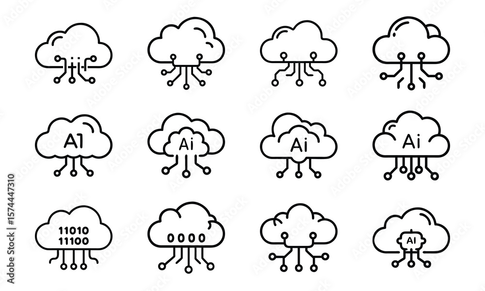 Poster collection of cloud computing icons depicting artificial intelligence and data processing
