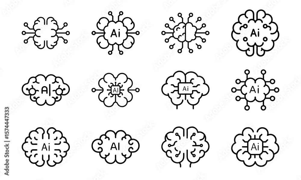 Poster collection of artificial intelligence brain icons representing concepts of ai and technology