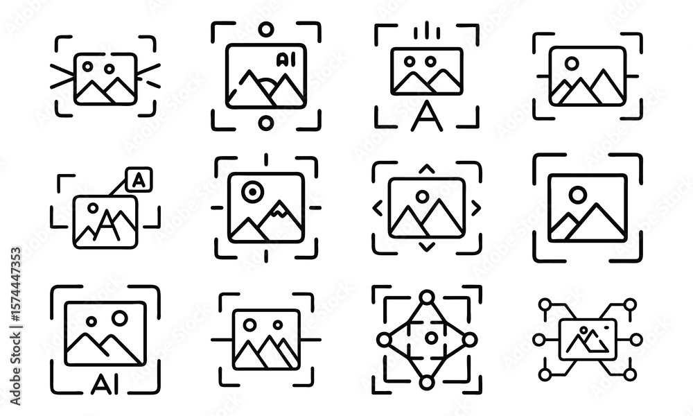 Poster collection of minimalist icon set depicting image processing and artificial intelligence concepts