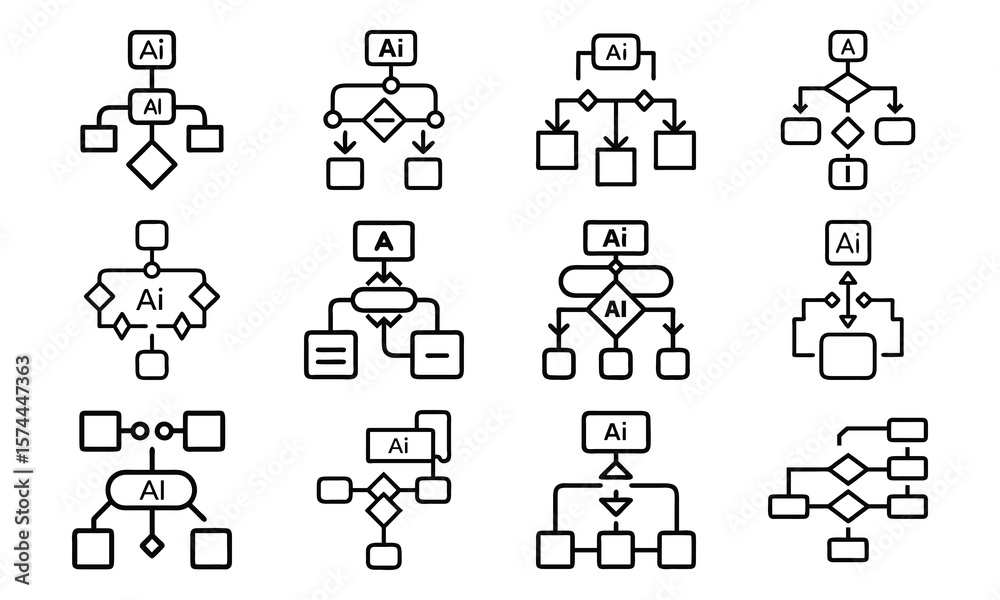 Poster set of artificial intelligence flowchart icons and diagram elements in minimalist black style
