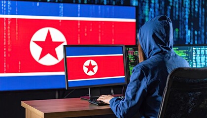 Hacker in dark room with North Korean flags