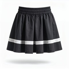 Fashionable black mini skirt with sporty white stripe, stylish apparel, isolated object on white background