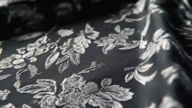 Elegant floral pattern on a dark, lustrous fabric with subtle light play, close-up shot
