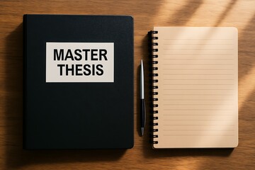 Overhead shot presents a black thesis binder, pen and notepad resting on a wooden surface.
