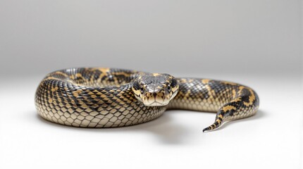 Fototapeta premium Coiled reptile with speckled pattern resting on a white surface, looking forward