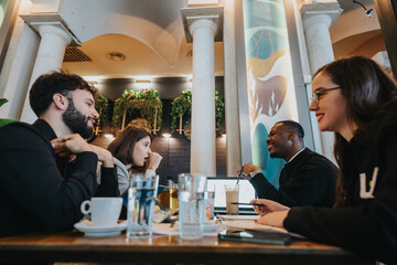 A group of diverse professionals sitting in a cozy cafe setting, engaging in a meeting or...