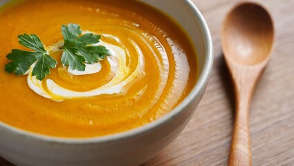 Closeup of creamy yellow pumpkin soup in a white bowl with a spoon, a healthy and hot vegetarian dish perfect for dinner or lunch