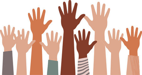 Diverse Raised Hands Illustration Unity, Community, Volunteering, and Celebration on White Background