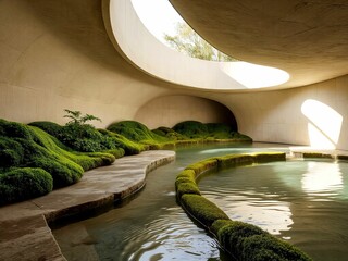 Serene nature-inspired interior with water and mossy landscape
