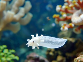 Unique white sea slug swimming among colorful coral underwater
