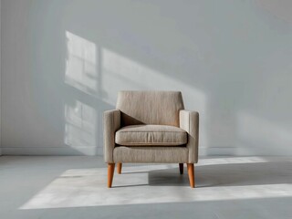 Stylish beige armchair in minimalistic room with soft natural light