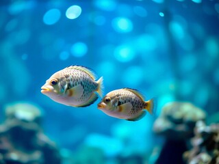 Two colorful tropical fish swimming in clear blue water
