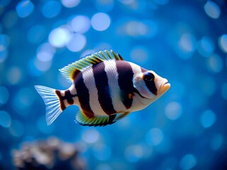 Striking striped fish swimming in vibrant blue water with bokeh effect