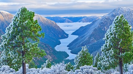 A winter wonderland vista of a frozen mountain valley with a lake.