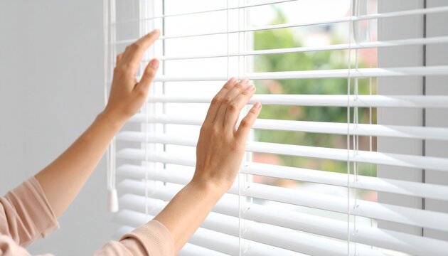 young woman looking through window - Powered by Adobe