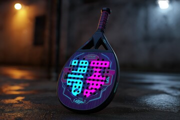 Vibrant paddle racket with neon accents resting on wet pavement, illuminated by ambient light, showcasing modern design and unique patterns for sports enthusiasts and marketing purposes