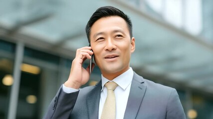Professional Asian businessman in a gray suit engaged in a phone conversation. - Powered by Adobe